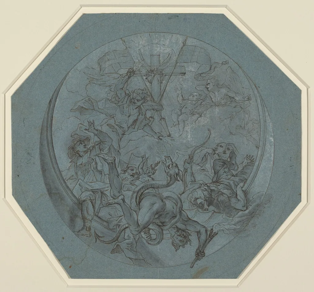 Saint Michael Defeating Heresy and Satan, by Johann Georg Bergmüller, ink, 1730