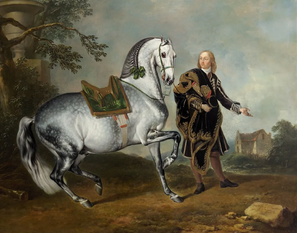 Kladruber Hengst "Scarramuie" mit einem Bereiter, by Johann Georg de Hamilton, unspecified, 1721