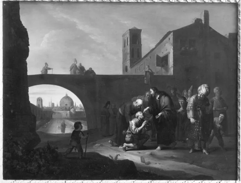 Cityscape with Christ healing a man born blind, by Johann Georg Fischer, oil, 1611