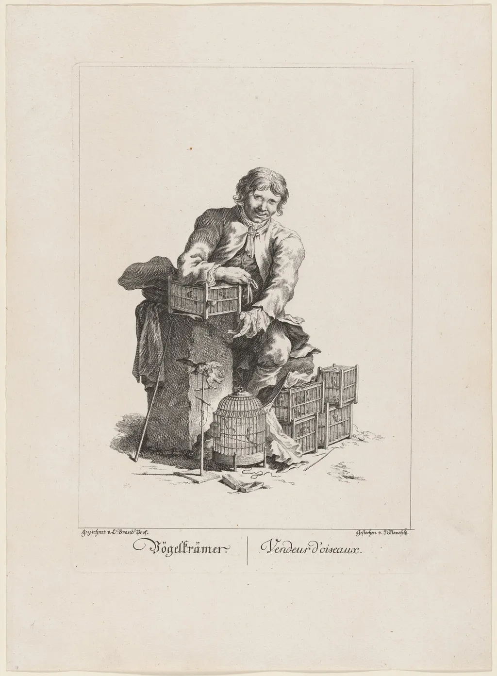 Vögelträmer (Bird Vendor), by Johann Georg Mansfeld, ink, 1775