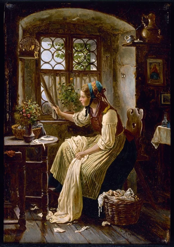 Young Woman Looking through a Window, by Johann Georg Meyer, unspecified, 1859