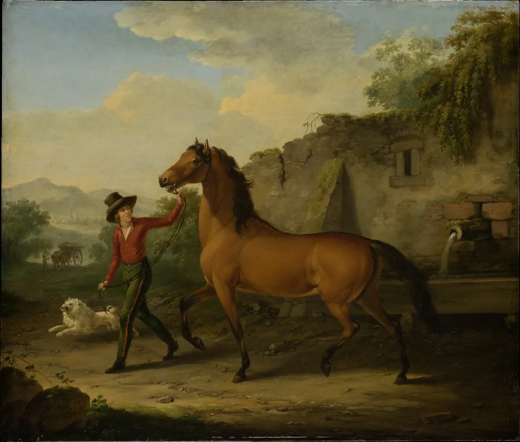 A Groom Leading a Stallion from the Drinking Trough, by Johann Georg Pforr, unspecified