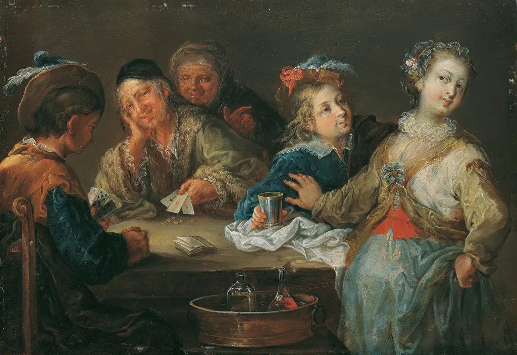 Card Player (Ace is Trump), by Johann Georg Platzer, oil, 1730