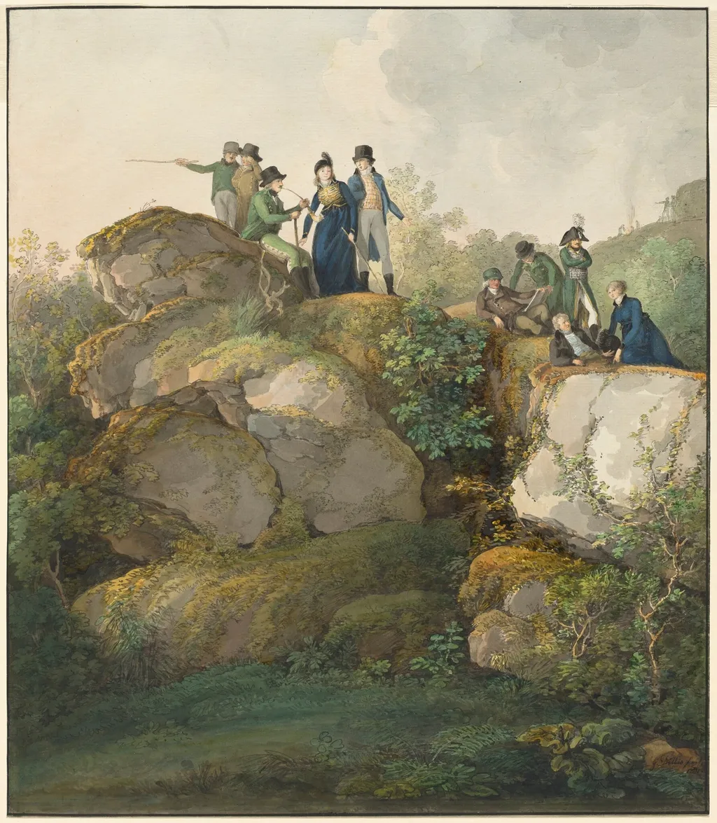 A Royal Party Admiring the Sunset atop the Hesselberg Mountain, by Johann Georg von Dillis, gouache, 1801