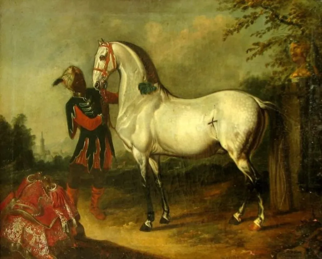 Cal bălan cu un harap, by Johann Georg Von Hamilton, unspecified, 1725