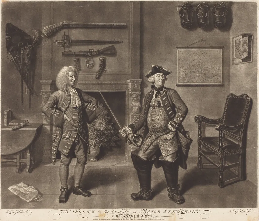 Mr. Foote in the Character of Major Sturgeon, in the Mayor of Garrat, by Johann Gottfried Haid, ink, 1765