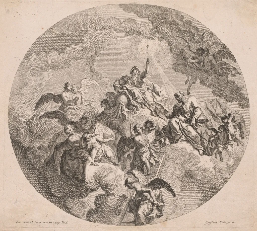 Virgin Enthroned in Glory with Saint Peter, by Johann Gottfried Haid, ink, 1750