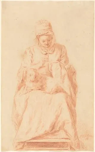 Young Woman Sewing with a Dog Resting on Her Lap, by Johann Gottlieb Glume