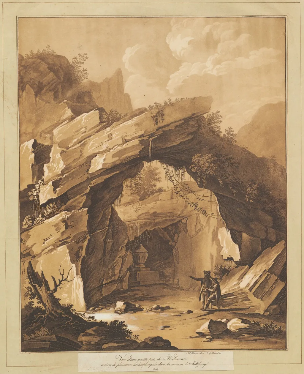 View of the Grotto by Heilbrunn, near Salzburg, by Johann Gottlieb Prestel, ink, 1784