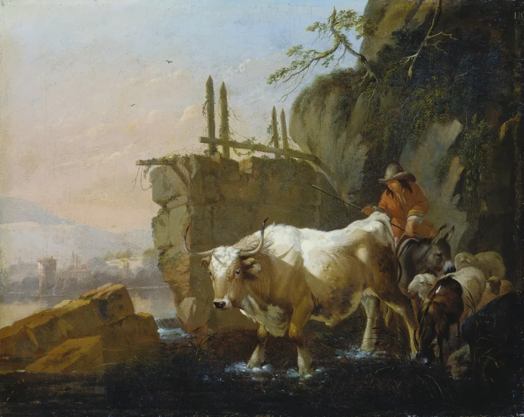 Herdsmen Driving Cattle through a Ford, by Johann Heinrich Roos, oil, 1670