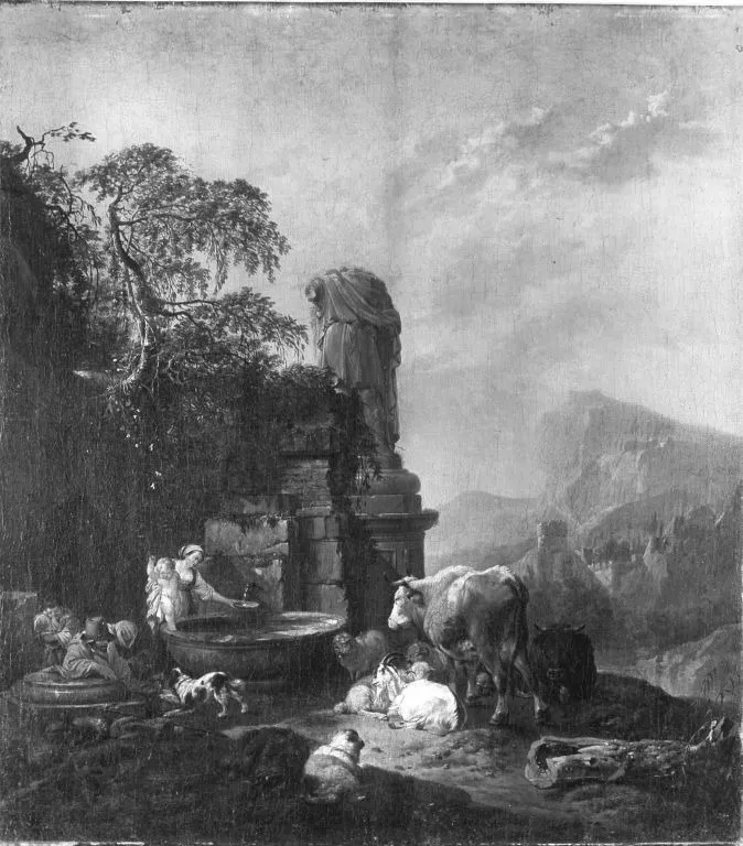 Hirtenfamilie und Herde am Brunnen, by Johann Heinrich Roos, unspecified, 1673