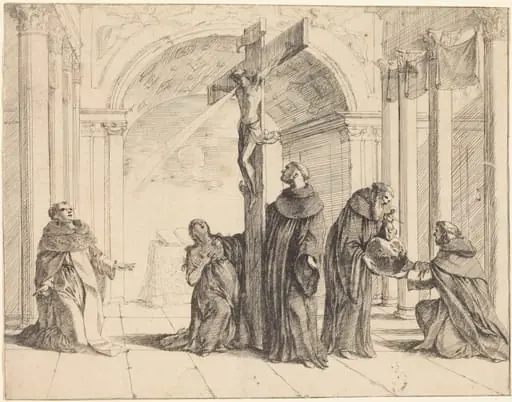 A Crucifix in a Church with Saints Thomas Aquinas, Mary Magdalene, Albertus Magnus, and Others, by Johann Heinrich Schönfeld