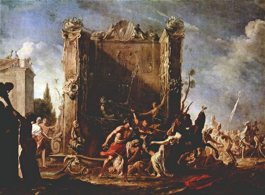 Death of the Daughter of Spurius Tarpeus, by Johann Heinrich Schönfeld, oil, 1640