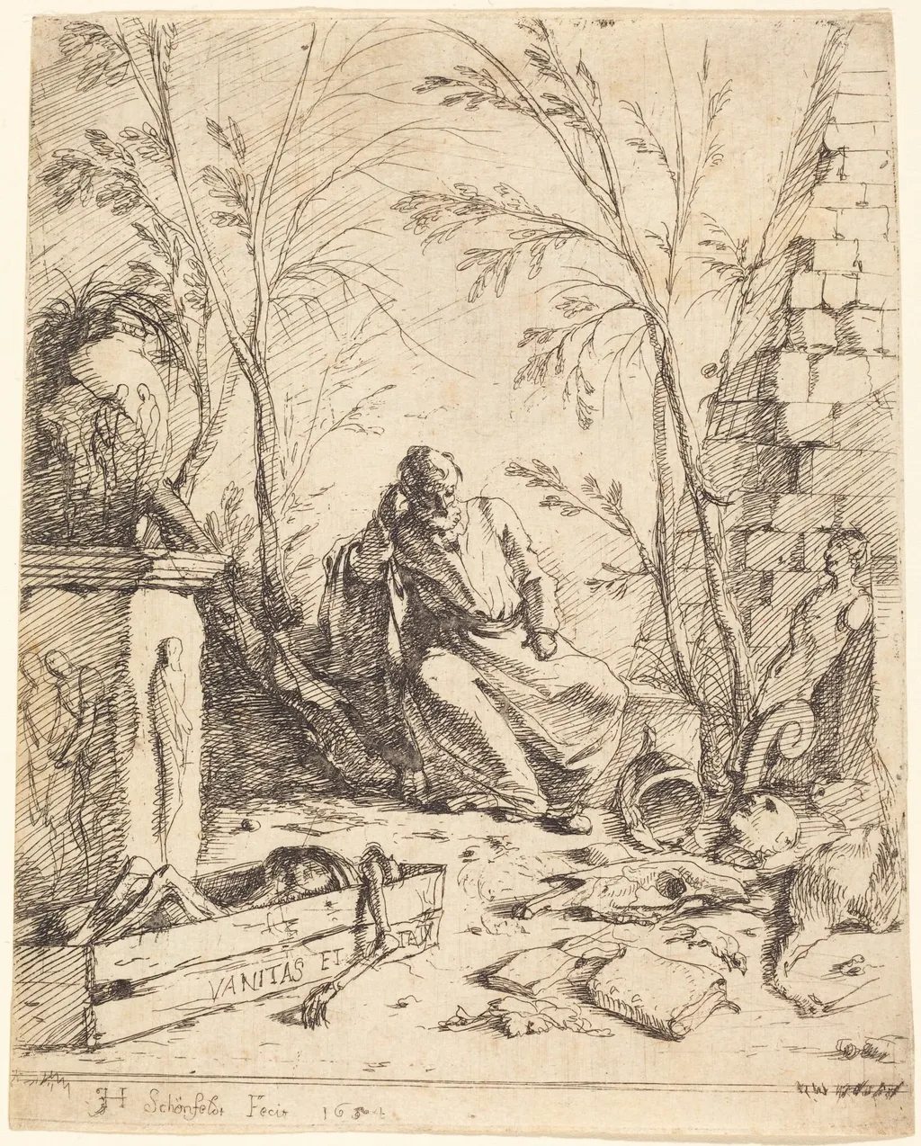 Democritus Meditating, by Johann Heinrich Schönfeld, ink, 1654