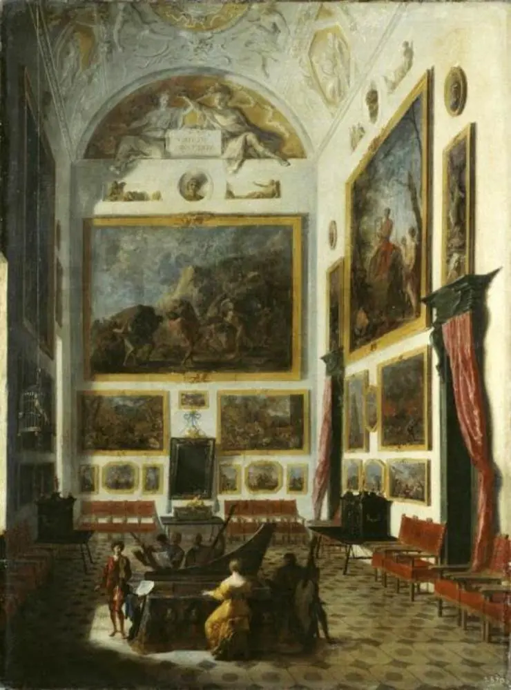 Spinet player in an interior with paintings, by Johann Heinrich Schönfeld