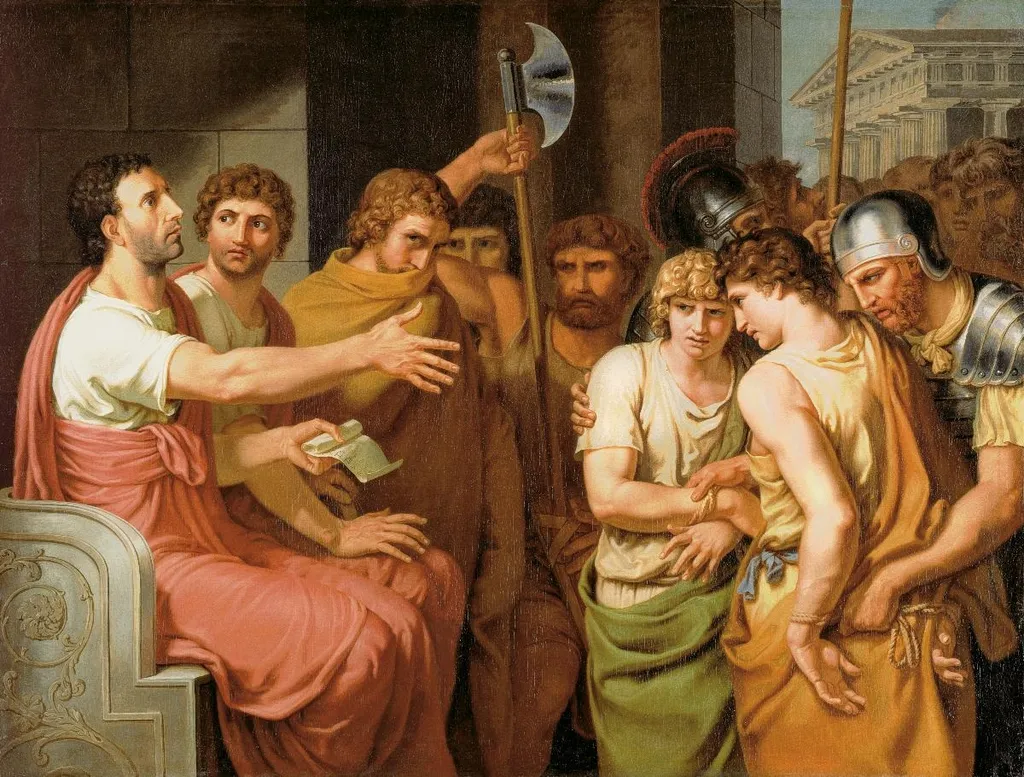 Brutus entdeckt die Namen seiner Söhne auf der Liste der Verschwörer und verurteilt sie zum Tode, by Johann Heinrich Wilhelm Tischbein, oil, 1796