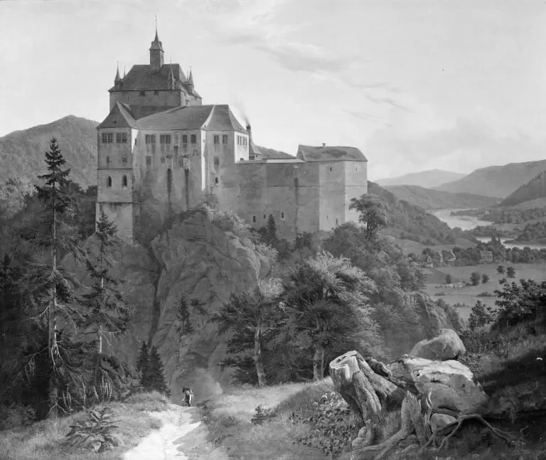 Kriebstein Castle at Zschoppau in Saxony. Morning, by Johann Hermann Carmiencke, oil, 1838