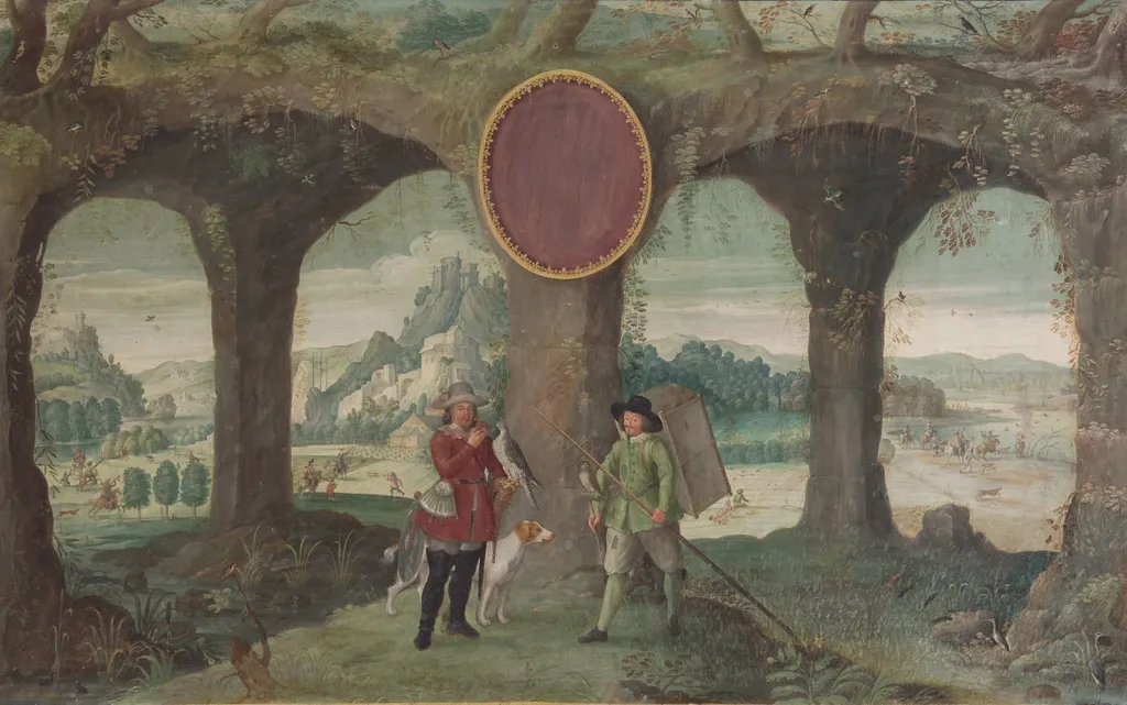 Jahreszeiten mit Jagddarstellungen: Frühling (Falkner mit Falkenbeize) und Sommer (Vogelsteller mit Vogelfang und Entenjagd), by Johann Jacob Besserer, unspecified, 1650