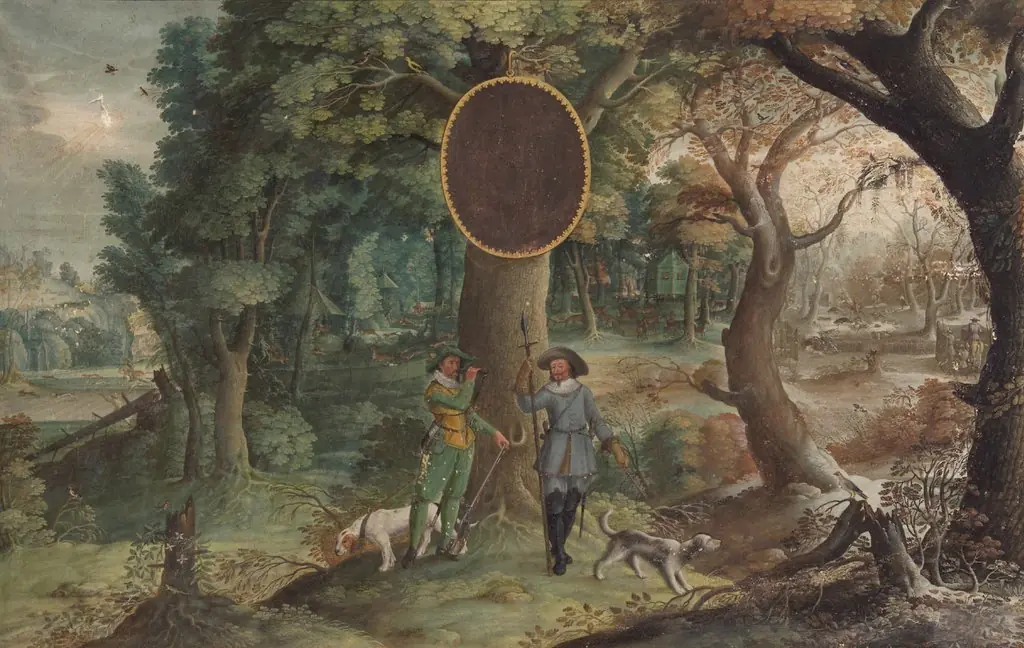 Jahreszeiten mit Jagddarstellungen: Herbst (Jäger mit Hasen- und Hirschjagd) und Winter (Jäger mit Saujagd), by Johann Jacob Besserer