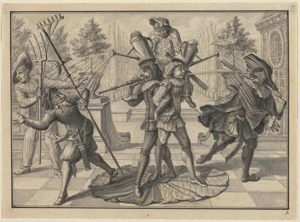 Harlequin and Scaramouche Create a "Fountain", by Johann Jacob Schübler, ink, 1729