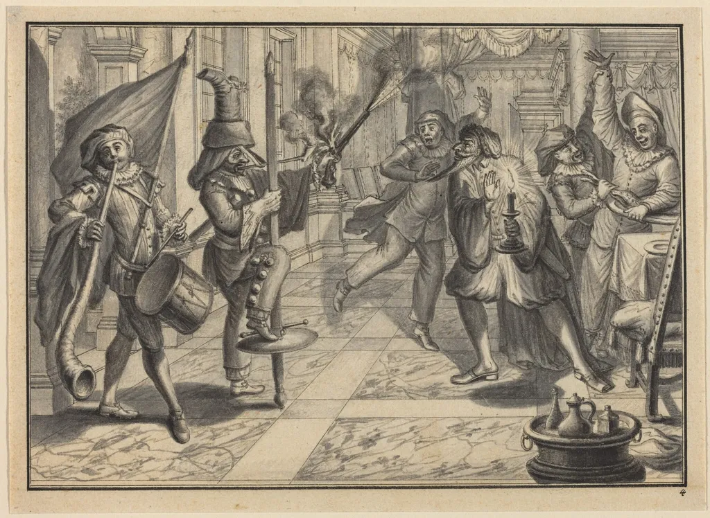 Mezzetin and Harlequin, Disguised as the Captain, Disrupt Pantaloon's Dinner, by Johann Jacob Schübler, ink, 1729