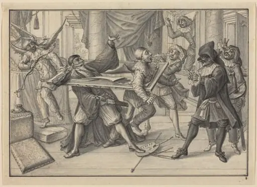 Mezzetin and Harlequin Use the Picture Frame to Catch Pantaloon and Pierrot, by Johann Jacob Schübler