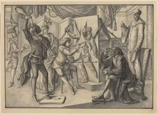 Mezzetin "Paints" a Portrait of Cupid by Cutting the Canvas to Reveal Harlequin, by Johann Jacob Schübler