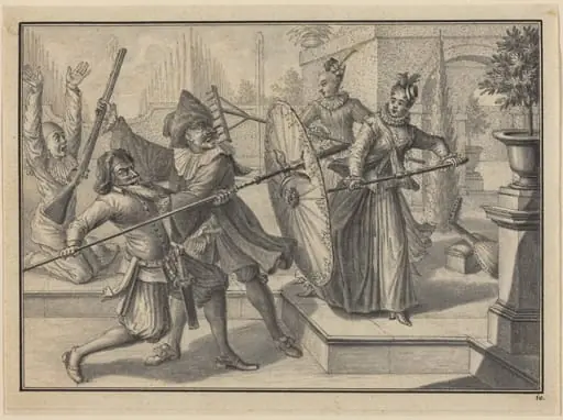 Pantaloon and the Doctor Fighting with Columbine and Brigatella in the Garden, by Johann Jacob Schübler