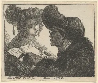 A Man in a Turban Reading to a Young Woman, by Johann Jakob Dorner the Elder, 1774