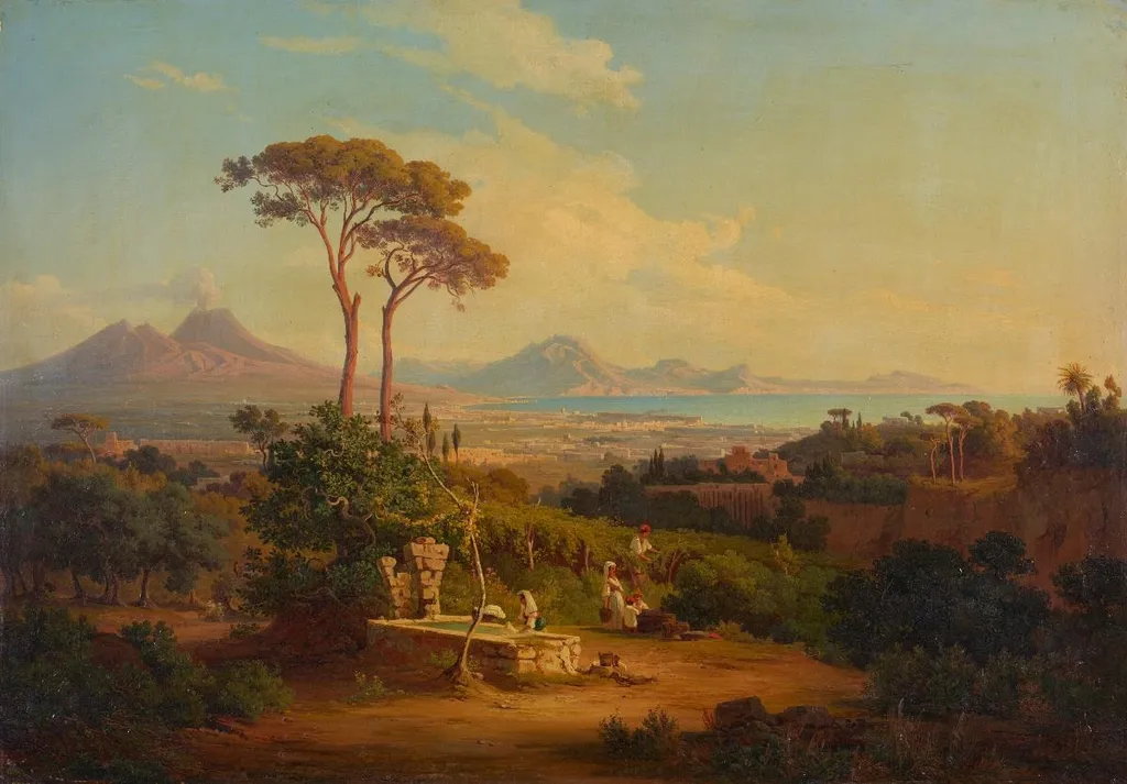 Neapel von Capo di Monte mit der Küste von Sorrent, by Johann Jakob Frey, oil, 1841