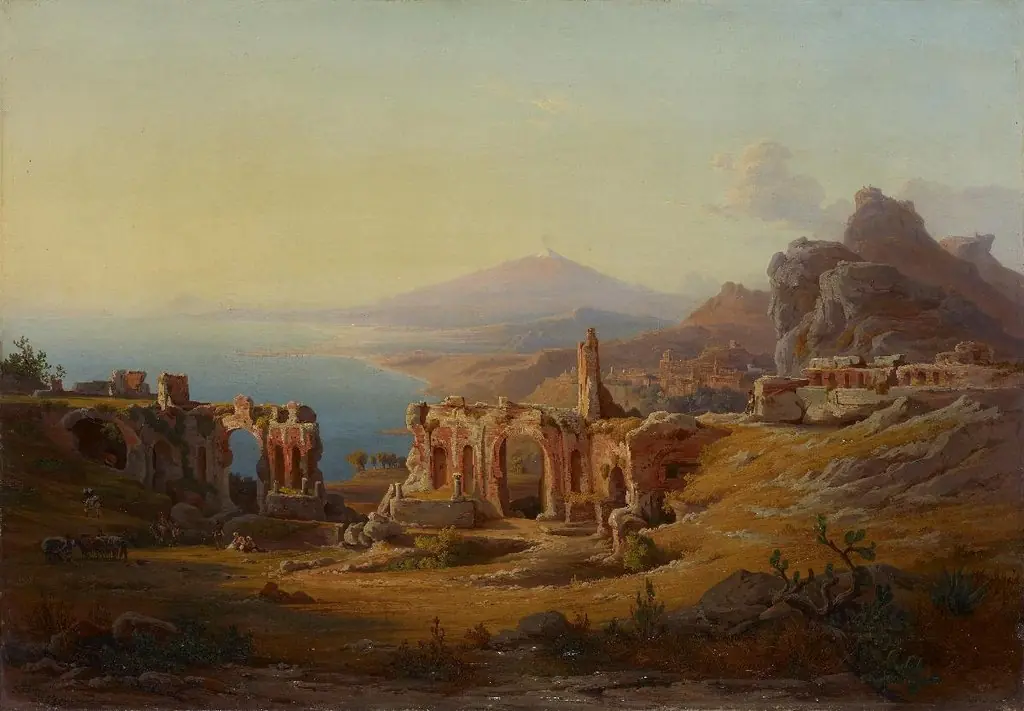 Taormina. Das Theater mit dem Aetna, by Johann Jakob Frey the Elder