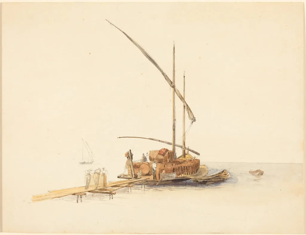 Wine Barrels Loaded onto a Sailing Barge at Vevey, by Johann Jakob Ulrich, graphite, 1850