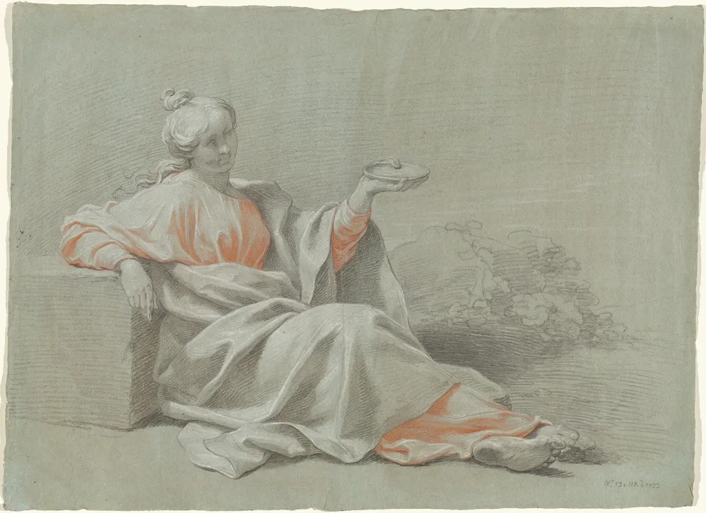 Young Woman with a Bowl, Seated Outdoors, by Johann Justin Preissler, graphite, 1733