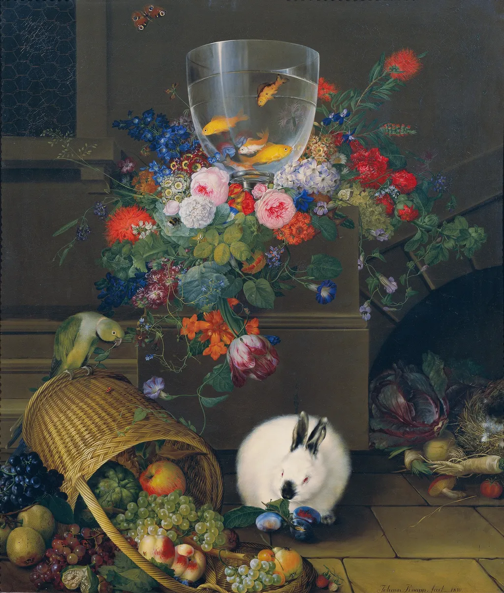 Still-life with a goldfish in a glass, by Johann Knapp, oil, 1810