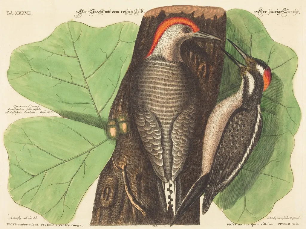 The Red Bellied Woodpecker (Picus Carolinus), by Johann Michael Seligmann, ink, 1752