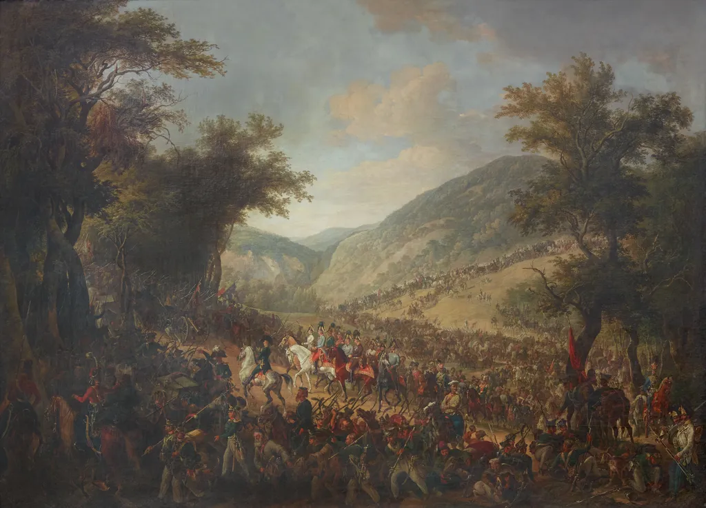 Die verbündeten Heere, Kaiser Franz I. (II.) von Österreich mit dem Kronprinzen Ferdinand an der Spitze, überschreiten im Juli 1815 die Vogesen, by Johann Nepomuk Hoechle, oil, 1825