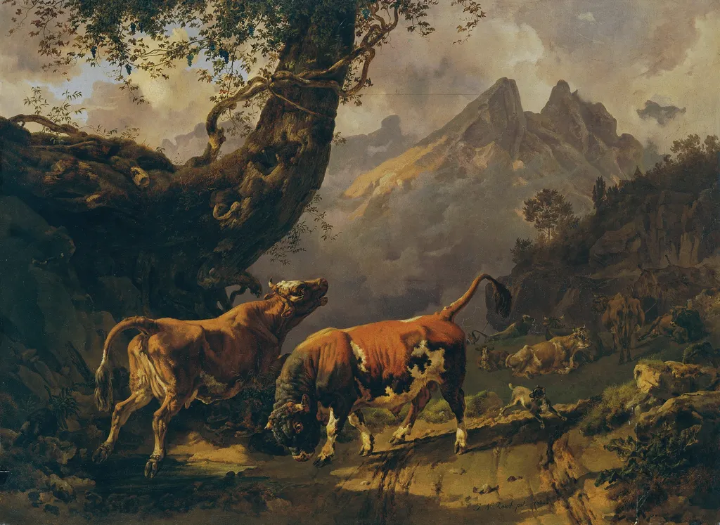 Bull chasing a cow with in the background the landscape around Carrara, by Johann Nepomuk Rauch, oil, 1832