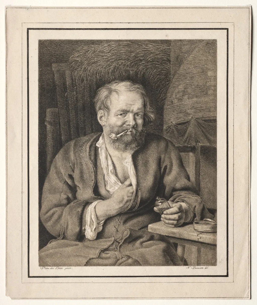 Peasant Sitting at a Table, Smoking a Pipe, by Johann Nepomuk Strixner, 1819