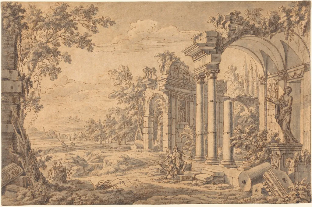 Landscape with a Draftsman among Ancient Ruins, by Johann Oswald Harms, ink, 1674