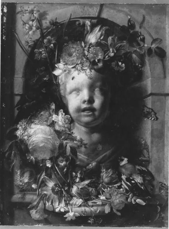 Bust of a child in a flower-decorated niche, by Johann Rudolf Byss