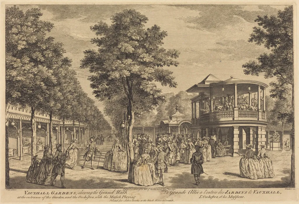 Vauxhall Gardens shewing the Grand Walk at the Entrance of the Garden and the Orchestra with Musick Playing, by Johann Sebastian Müller, ink, 1751