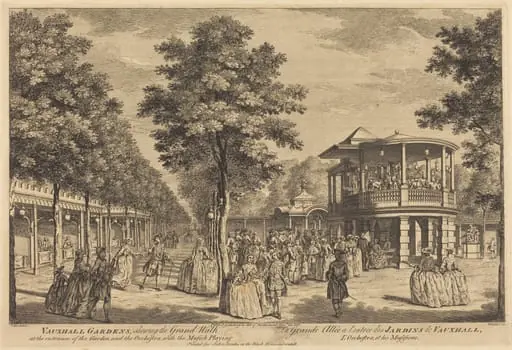 Vauxhall Gardens shewing the Grand Walk at the Entrance of the Garden and the Orchestra with Musick Playing, by Johann Sebastian Müller