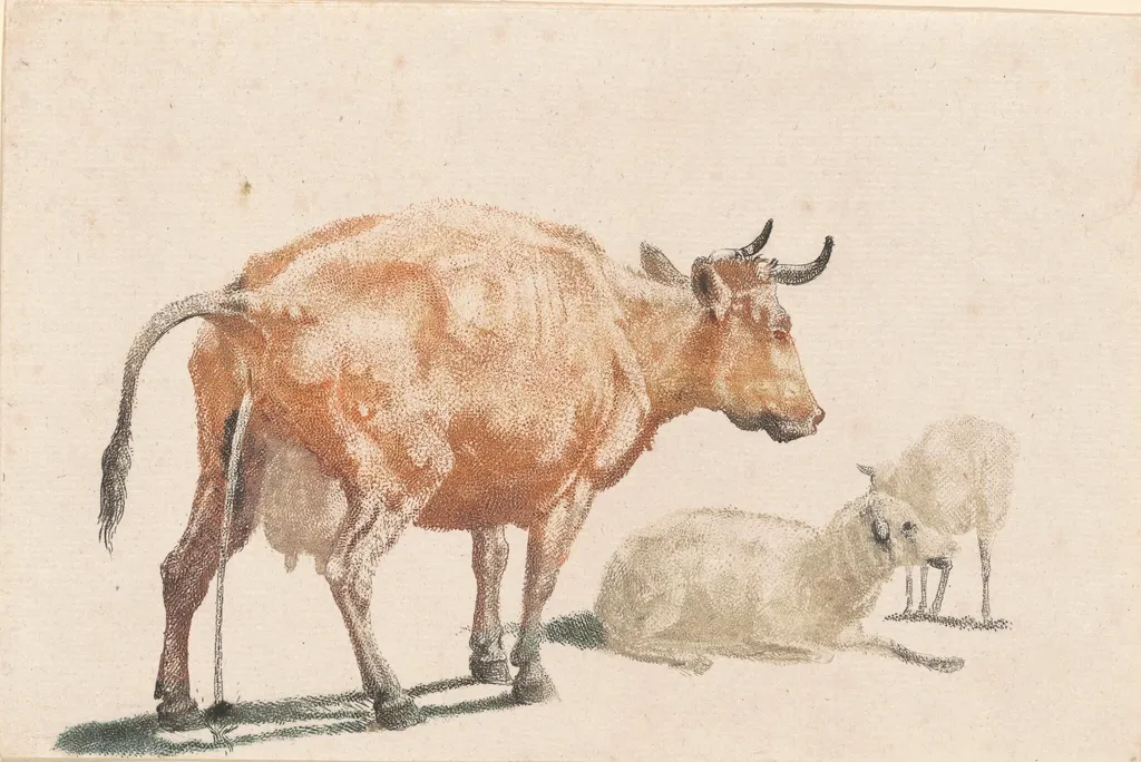 Pissing Cow and Two Sheep, by Johann Teyler, ink, 1691