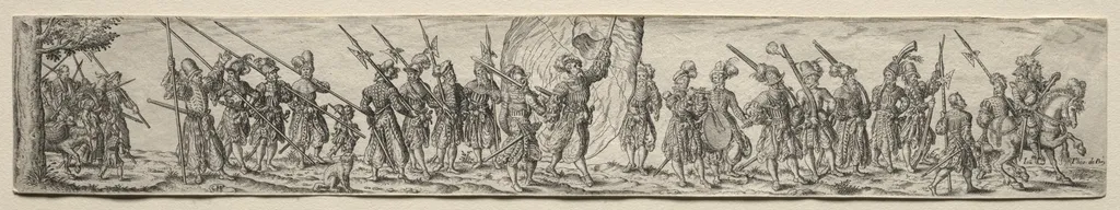 Marching Soldiers, in the Center a Standard Bearer, by Johann Theodor de Bry, 1604