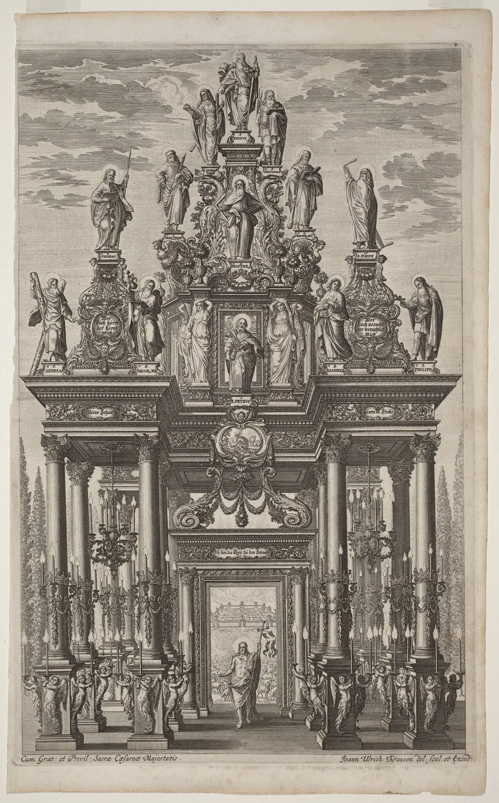 Frontispiece with Triumphal Arch with Christ and the Apostles, by Johann Ulrich Kraus, ink, 1705