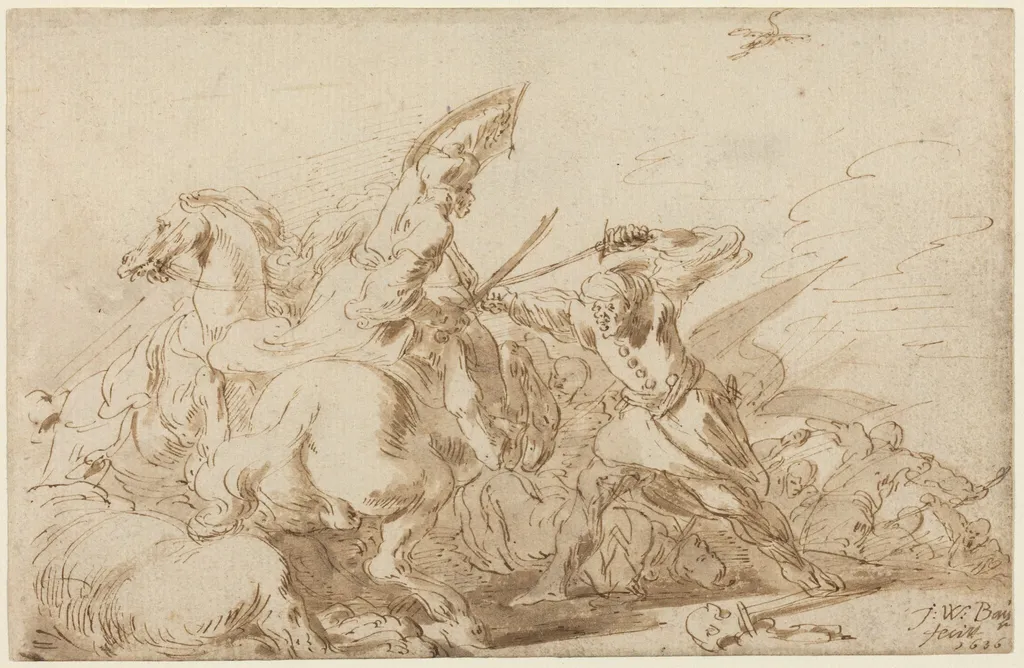 A Battle between Oriental Cavalry and Soldiers, by Johann Wilhelm Baur, ink, 1636