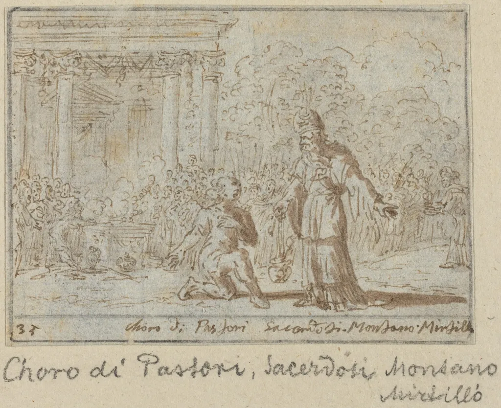 Chorus of Shepherds and Priests: Montano, Mirtillo, by Johann Wilhelm Baur, ink, 1640