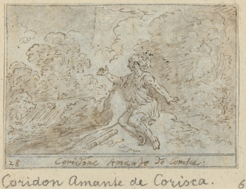 Coridone, Lover of Corisca, by Johann Wilhelm Baur, ink, 1640