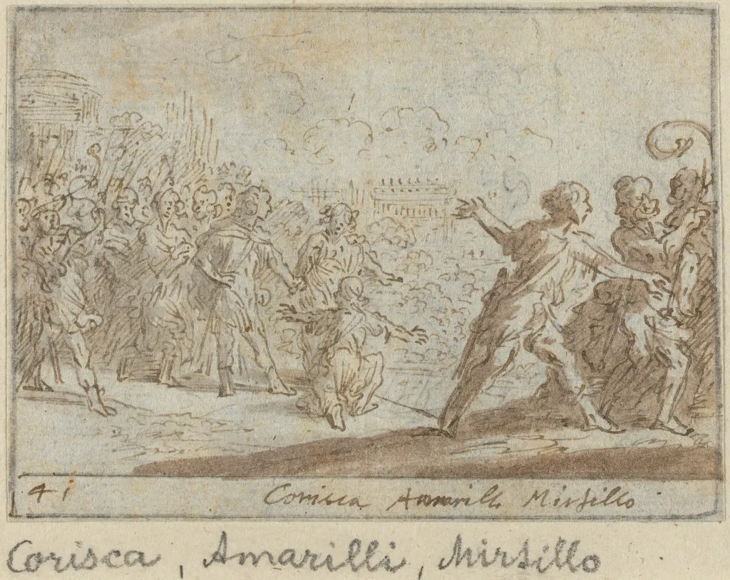 Corisca, Amarilli and Mirtillo, by Johann Wilhelm Baur, ink, 1640