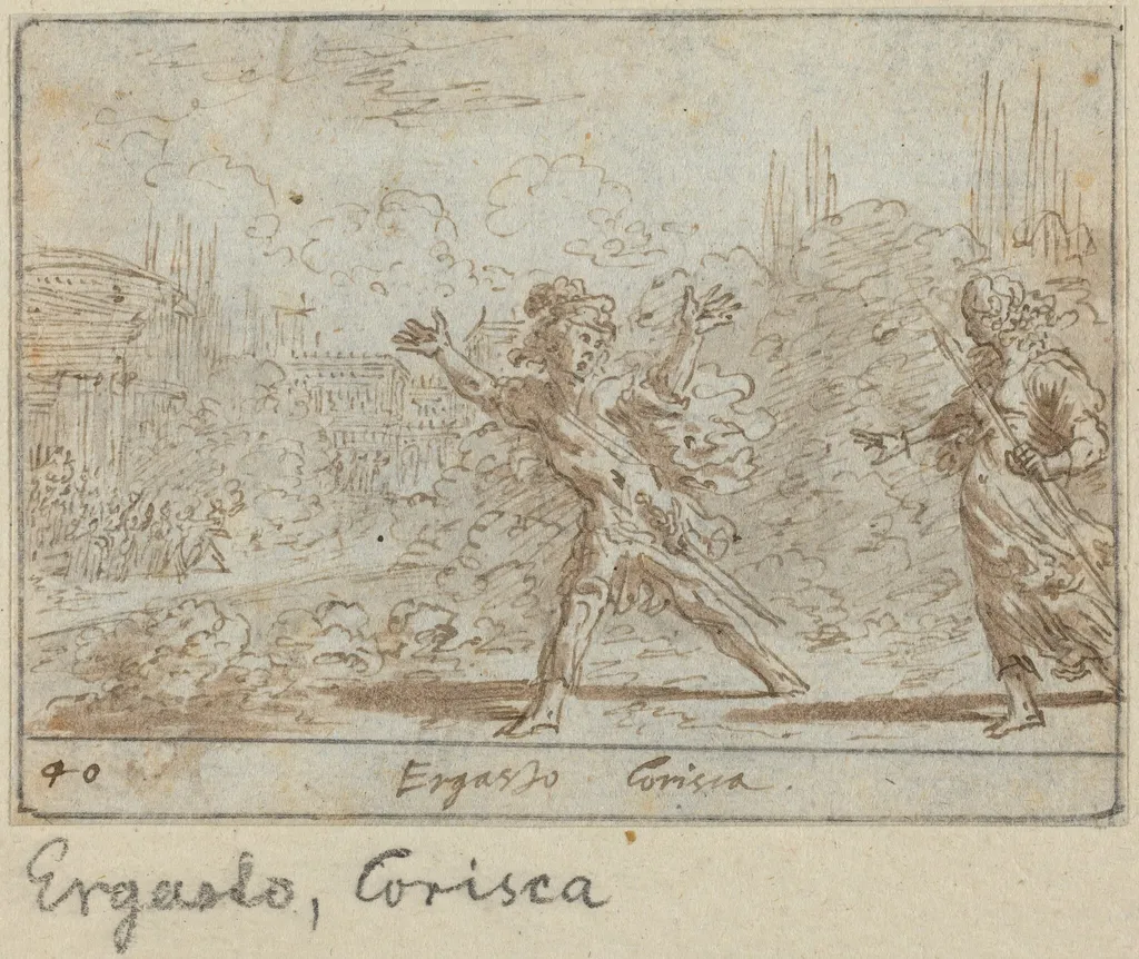 Ergasto and Corisca, by Johann Wilhelm Baur, ink, 1640